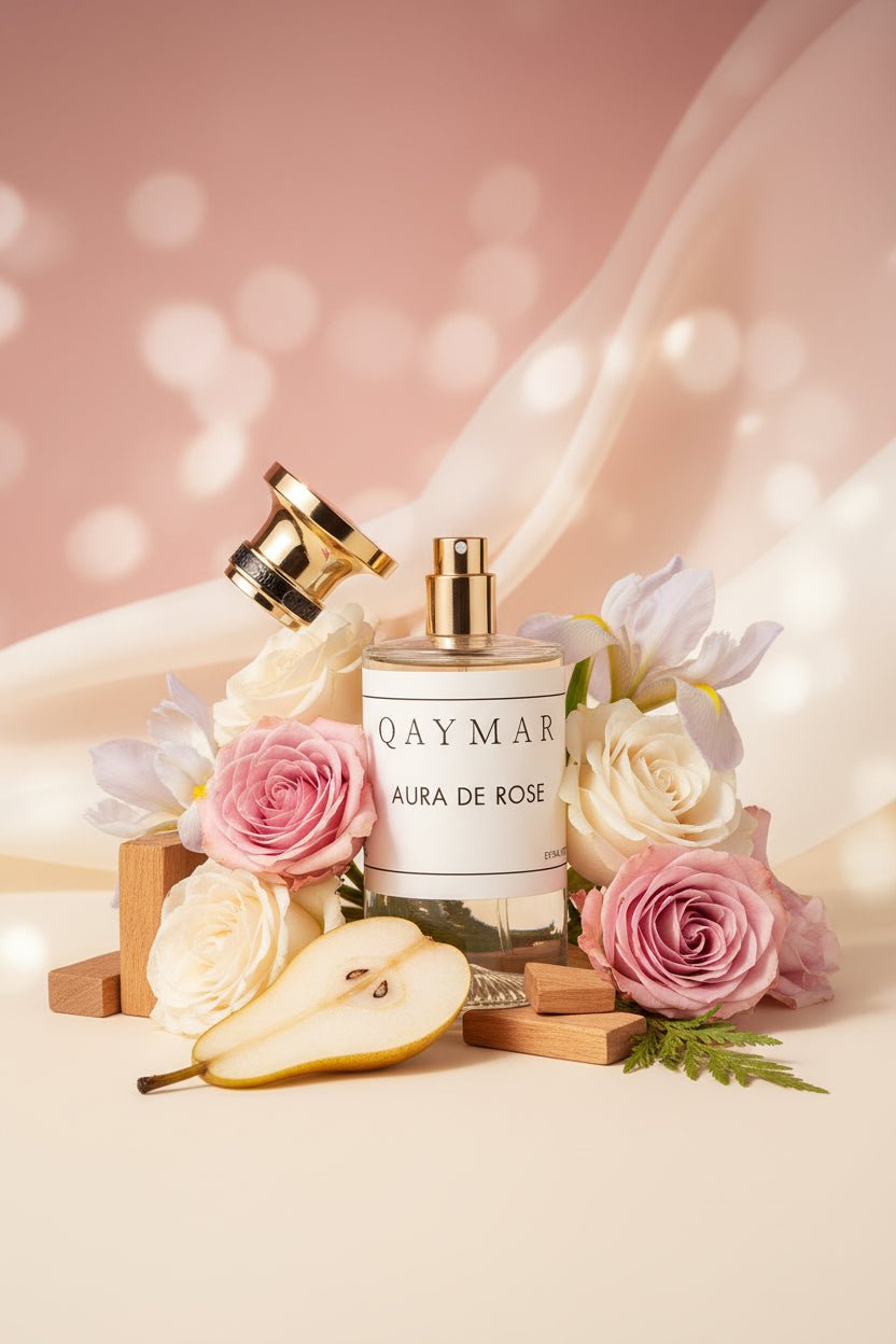QAYMAR Aura de Rose perfume bottle.