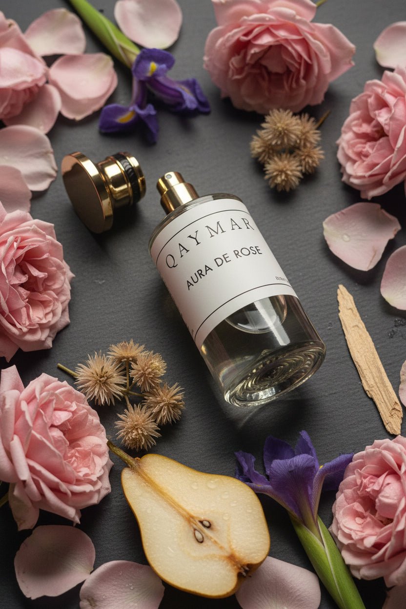 QAYMAR Aura de Rose perfume bottle with rose toppings.