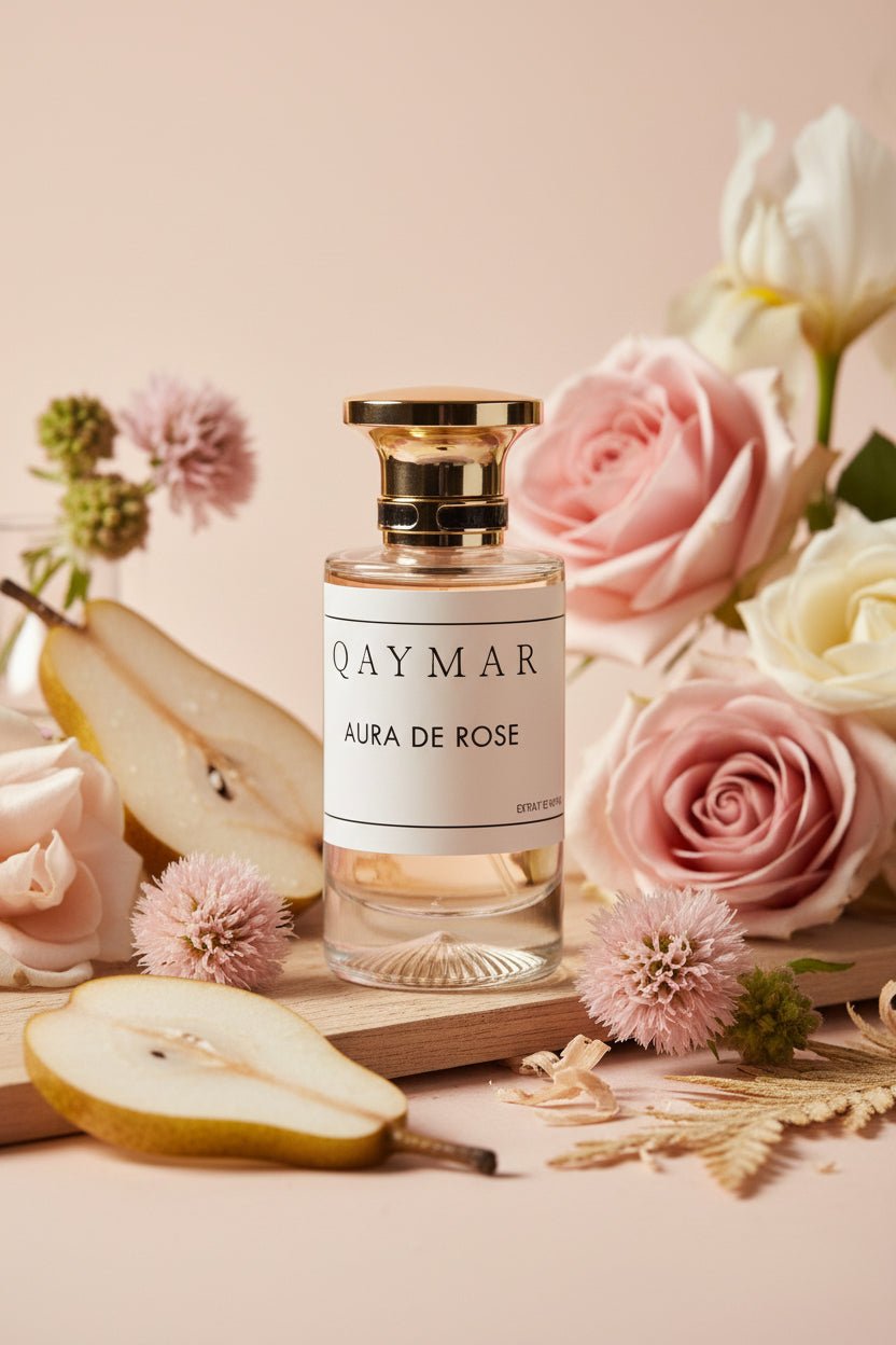 Perfume bottle with a gold cap and white label