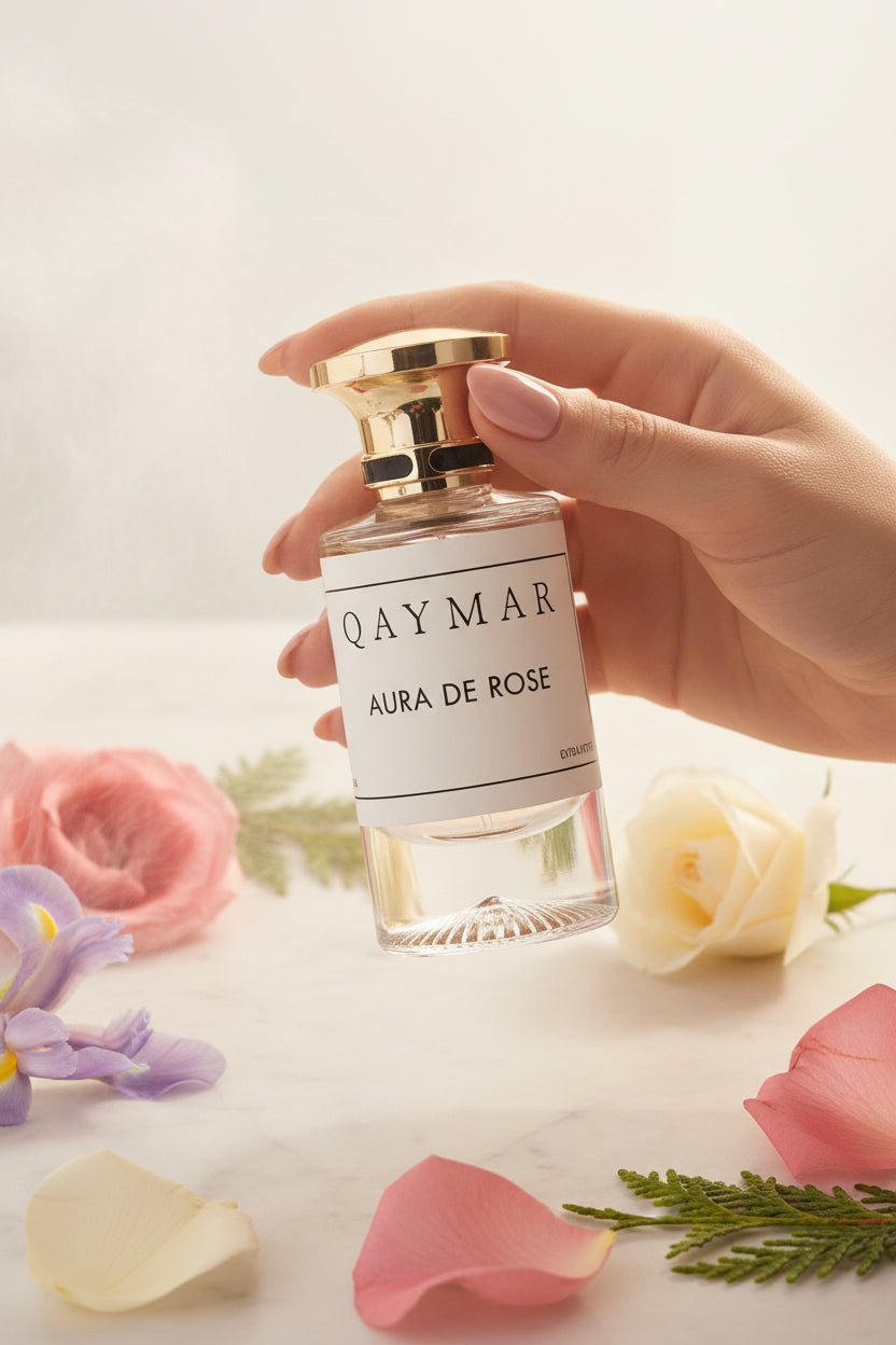 Qaymar Aura de Rose perfume bottle with floral petals scent trail