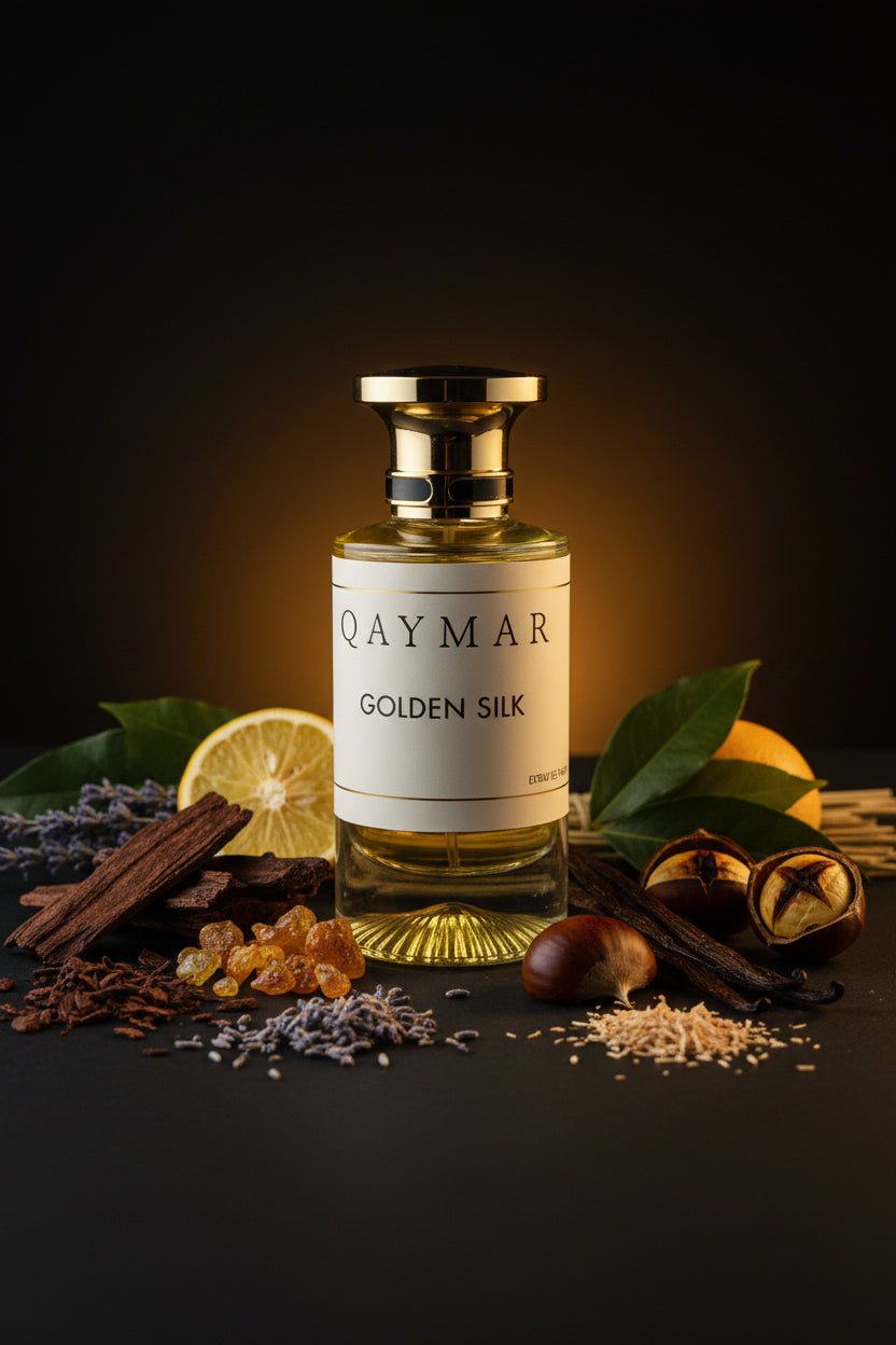 Perfume bottle labeled 'Qaymar Golden Silk' on a dark textured surface