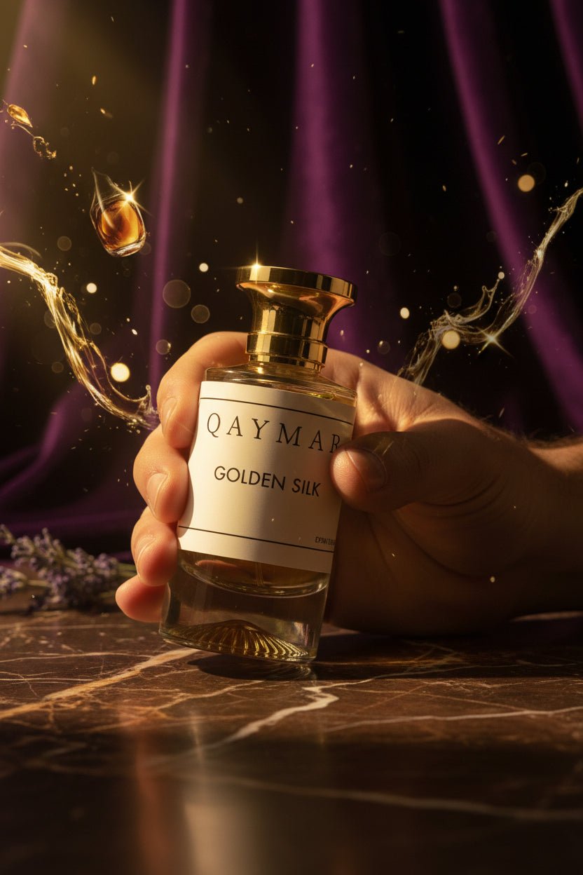 Golden silk perfume by Qaymar being handheld. extrait de parfum