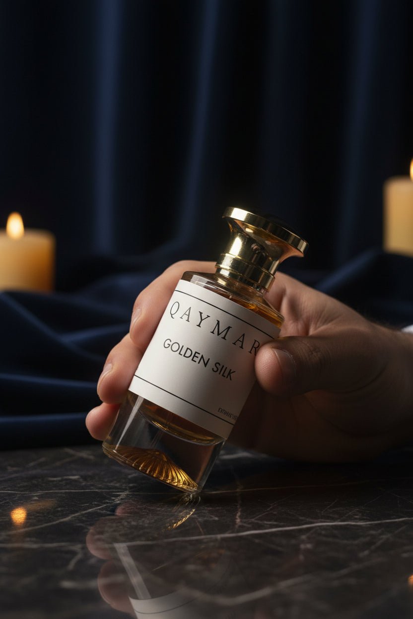 Small bottle labelled 'QAYMAR' with 'GOLDEN SILK' on a dark textured surface.