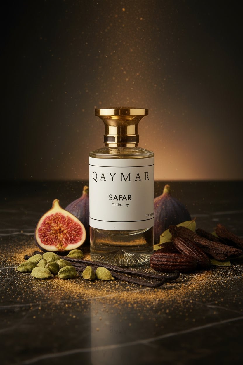 Extrait Perfume bottle 'Qaymar Safar' a premium perfume with a amber woody spicy scent and fig and cardamom for the base. Long lasting perfumes