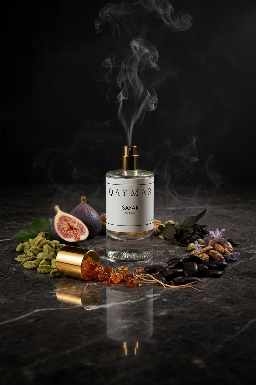 Qaymar Safar perfume bottle with smoke effect on a dark surface with figs and spices reflecting the spicy woody scent and trail of tonka beans and tea. Long lasting perfume extracts
