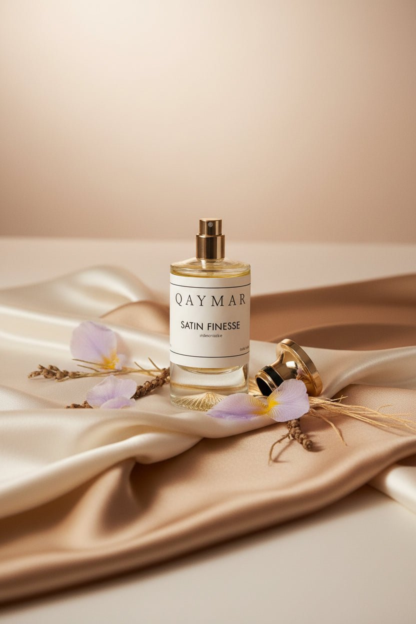 Perfume bottle labeled 'Qaymar Satin Finesse' on a beige fabric background with flowers.