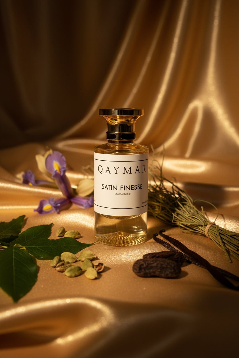 Perfume bottle labeled 'Qaymar Satin Finesse' on a textured surface