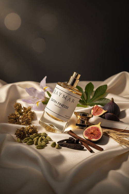 Perfume bottle with a visible label on a textured surface with cardamom, vanilla and patchouli florals scents. 