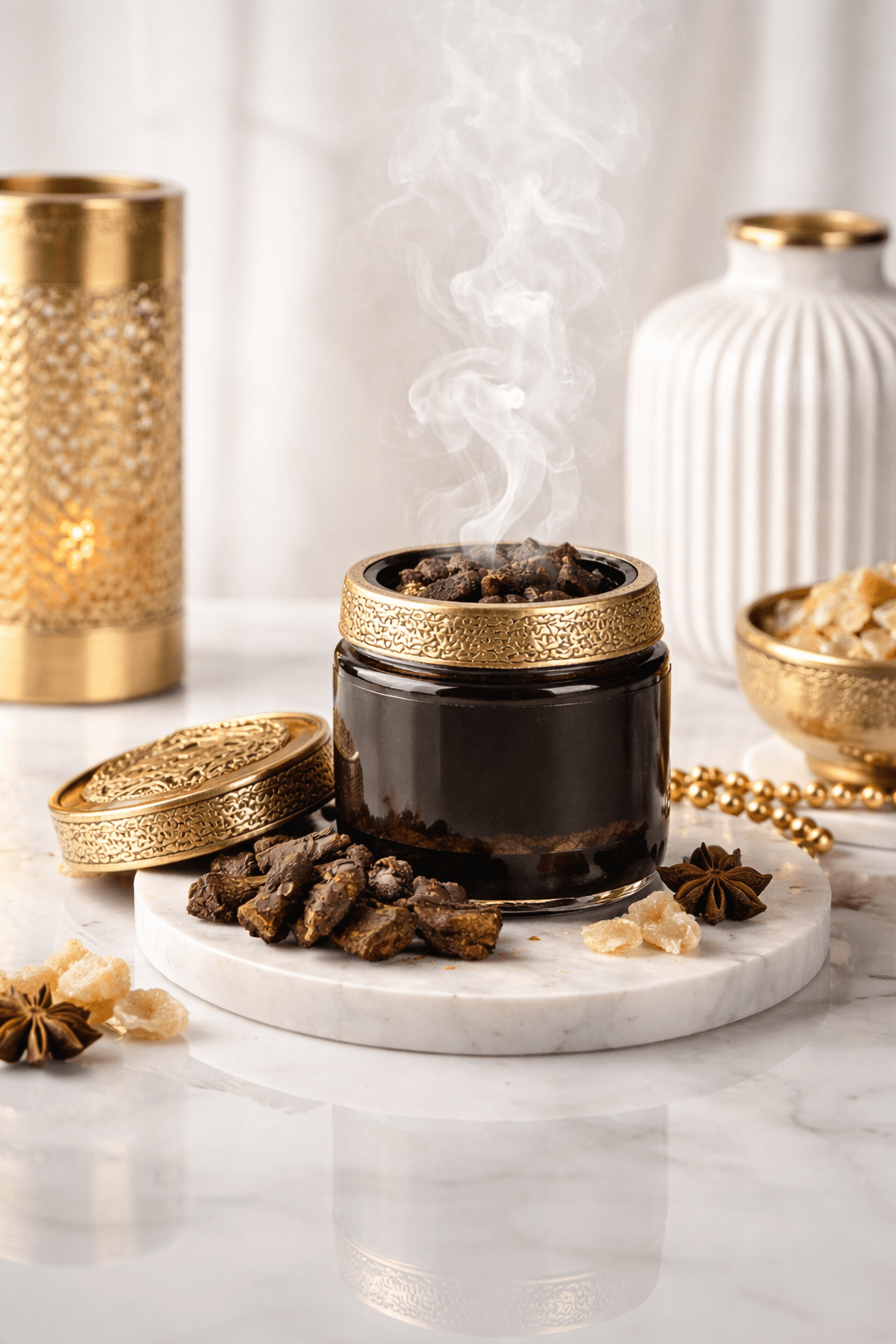 Incense bakhoor product with gold lid on a marble surface with candles. 